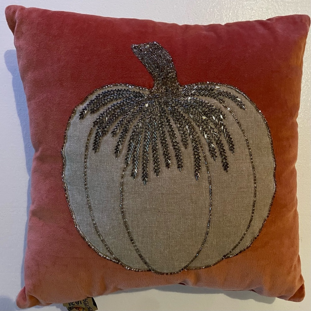 DEVI DESIGNS Beaded Embellish PUMPKIN Cotton Velour Square Fall Autun Pillow 16"